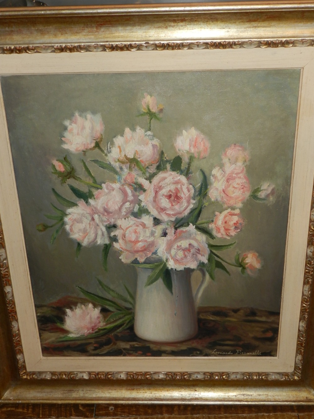 Leonard Pizzanelli (Italian, 1920-1984), 'Peonies', still life of flowers, oil on canvas,