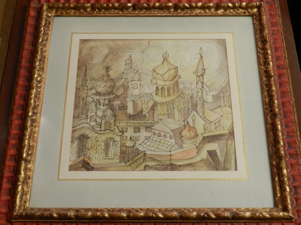 Neil Hobson (20th century British School), study of a palace, pen drawing and watercolour on paper.