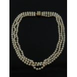 A three strand pearl necklace, having gilt metal, pearl, and turquoise set clasp.