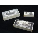 Three scrimshaw style engraved snuff boxes decorated with shipping and whaling scenes.