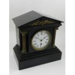 A Victorian slate mantel clock, by Elkington, the circular white enamel dial flanked by two brass