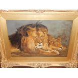 After Geza Vastagh, Lion and Lioness, oil on canvas, signed and dated H Bullmore 1925 lower right,