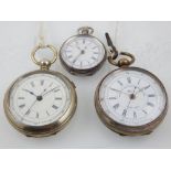 A small white metal open faced chronograph pocket watch,