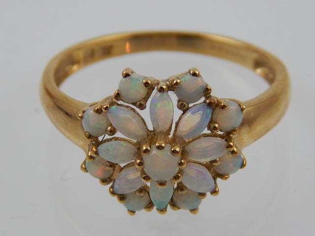 A 9 carat yellow gold and opal cluster ring.