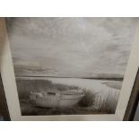 20th century, Dingy on Dunes above an Estuary, black and white photograph, h: 38 w: 38cm,