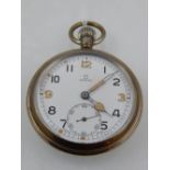 A steel Omega open faced military pocket watch, the enamel dial with Arabic numerals,