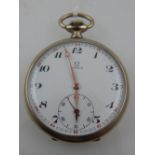 A stainless steel Omega open faced pocket watch, the enamel dial with Arabic numerals,