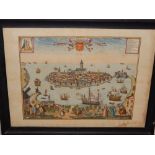 A hand coloured print of St Malo, framed.