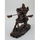 A Chinese bronze figure of a warrior, mounted on horseback, and a stylised base.