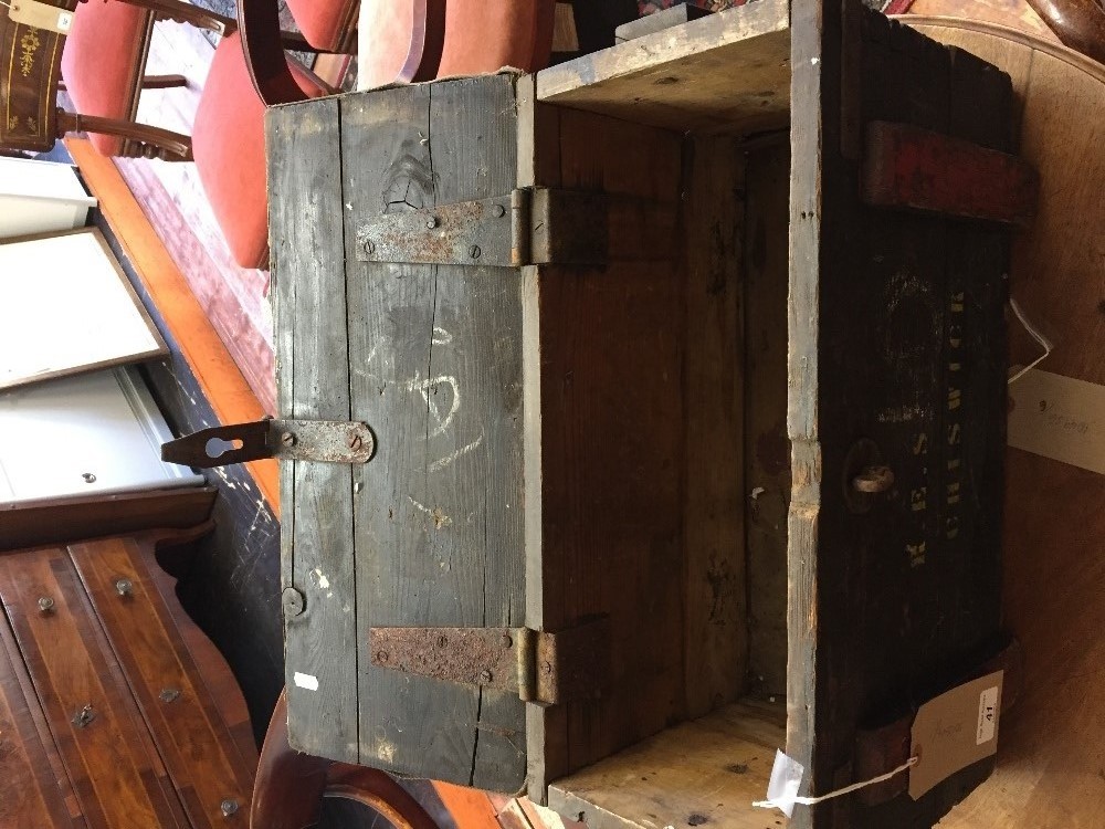 An early 20th century rectangular wooden ammunition box, with rope loop handles and stencilled 'R.E.