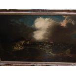 19th century English school, British Man-o-War in High Seas with other Vessels, oil on canvas, H.
