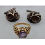 A pair of white metal and citrine cufflinks, modelled as owls, stamped 925,