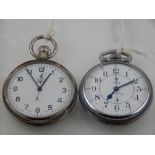 A steel Longines open faced military pocket watch, the enamel dial with Arabic numerals,