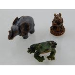 Three miniature cold painted bronze figures of animals, to include a frog, a mouse, and an elephant.