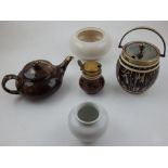 Three pieces of Moorcroft Macintyre Agate ware comprising sugar barrel, small teapot and mustard
