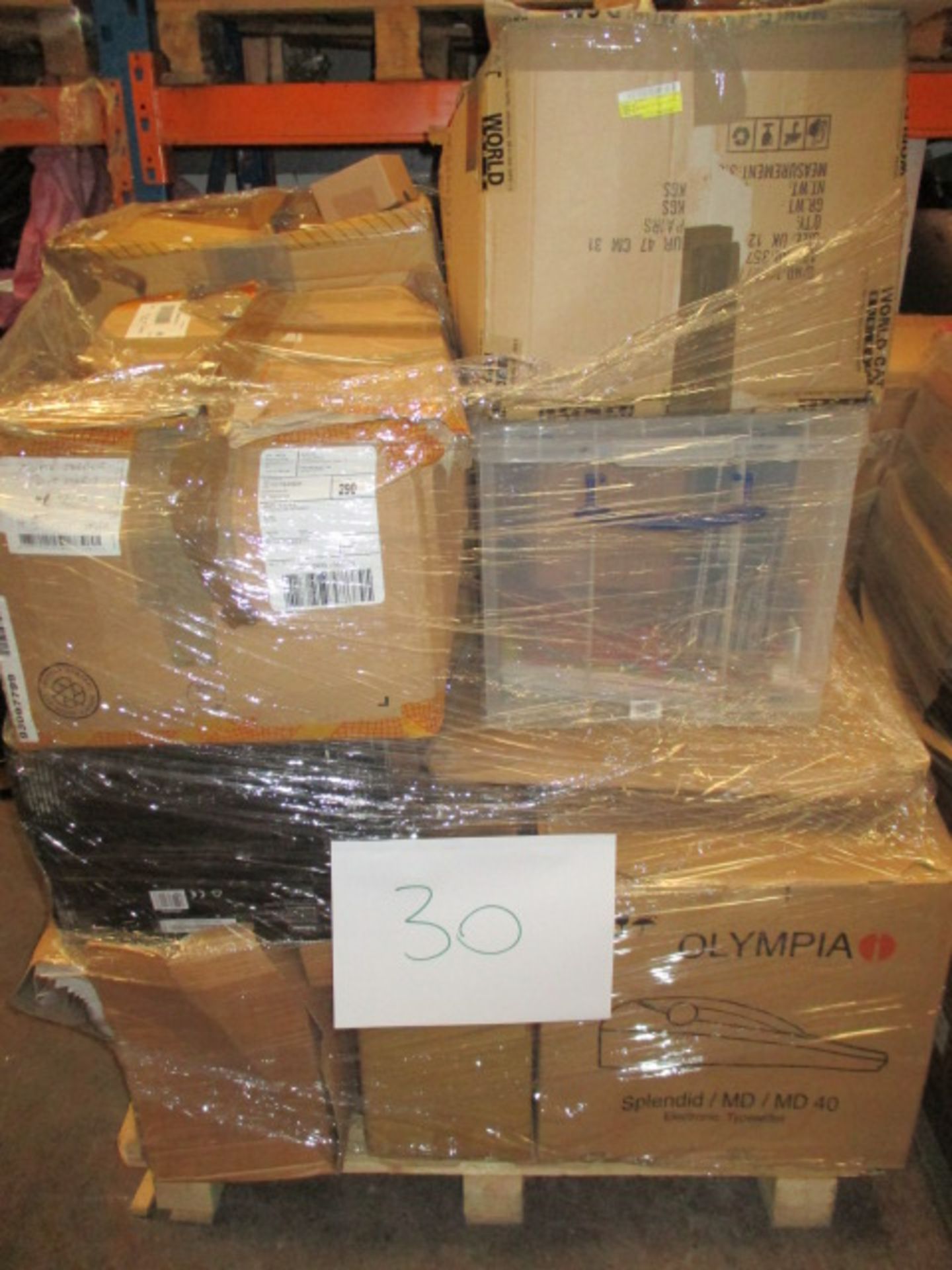 1 x Pallet of Mixed Stock/Stationery Including Fellowes Shredder, Clothing, Footwear, Toners &