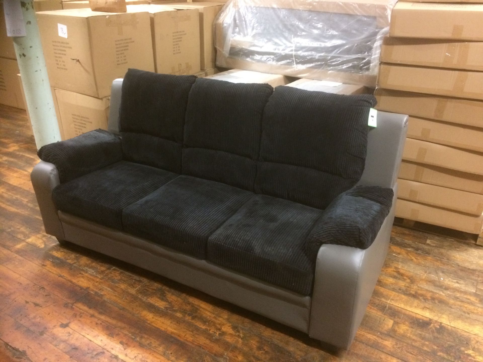 Black/Grey Faux Leather/Fabric Sofa - Three Seater (Brand New)