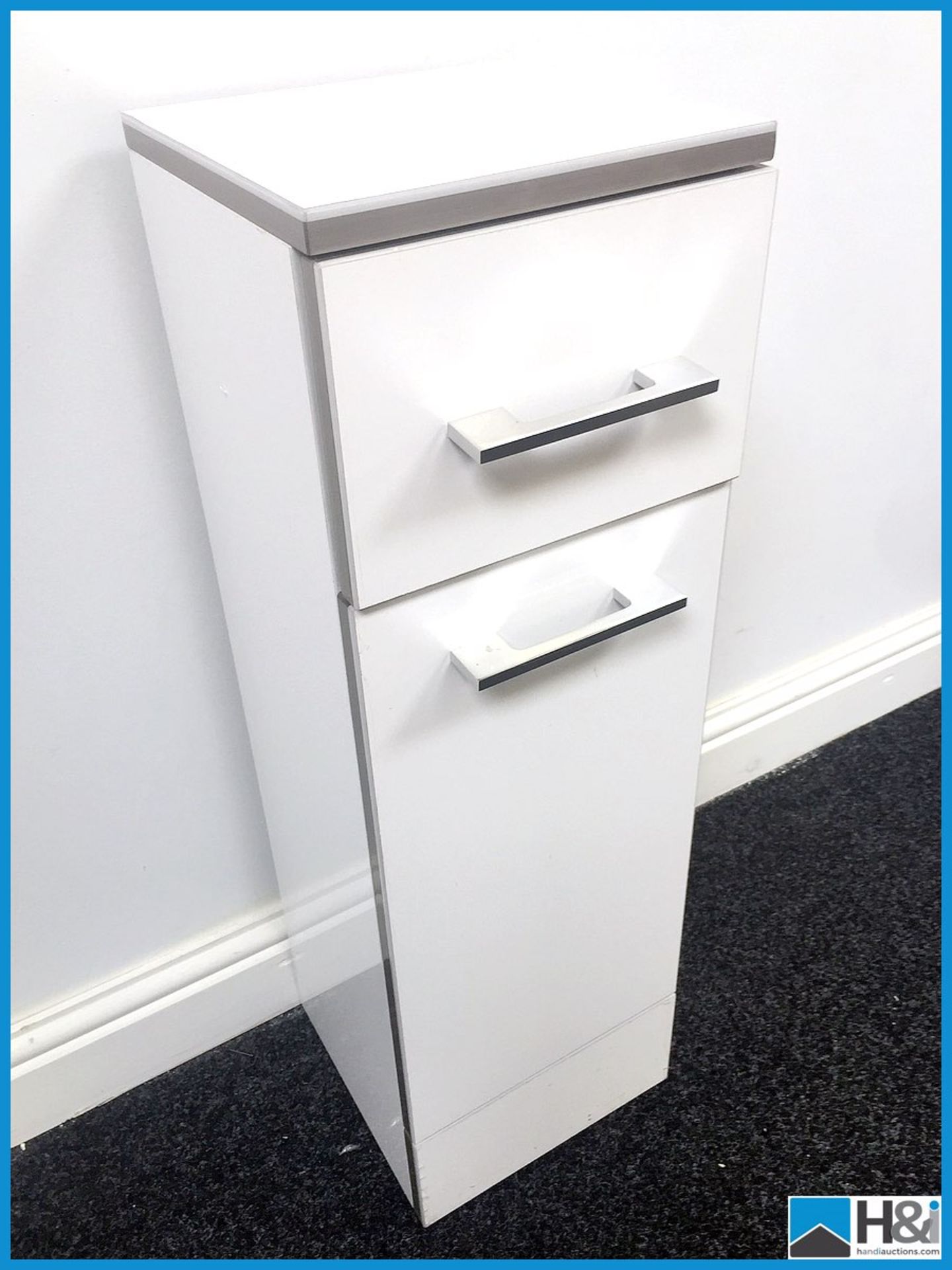 250mm wide drawer and storage bathroom unit in gloss white with grey silver trim matching previous 5 - Image 2 of 4