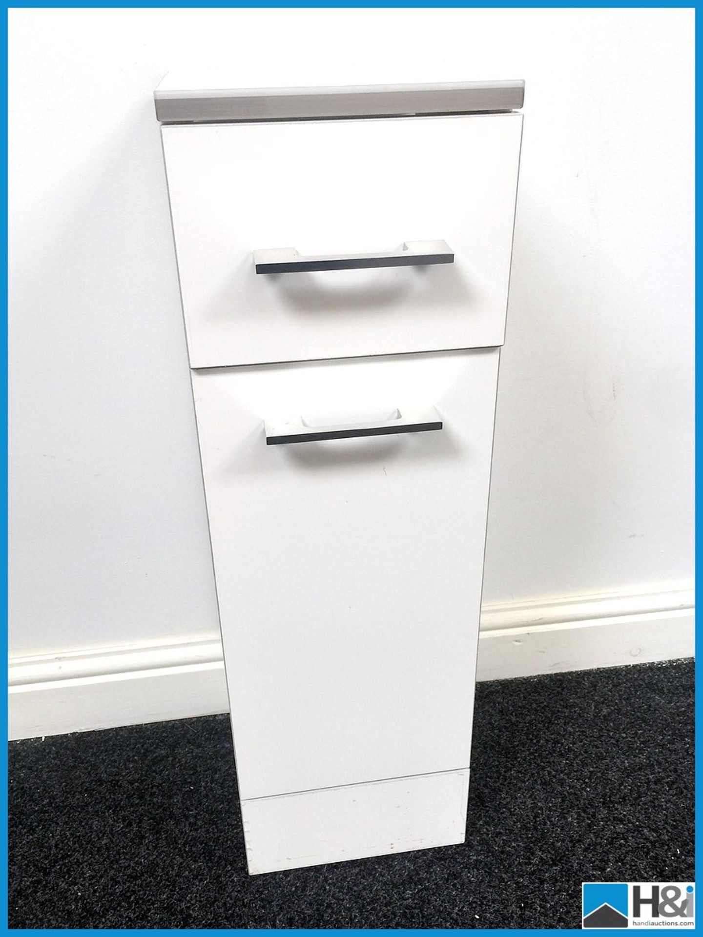 250mm wide drawer and storage bathroom unit in gloss white with grey silver trim matching previous 5