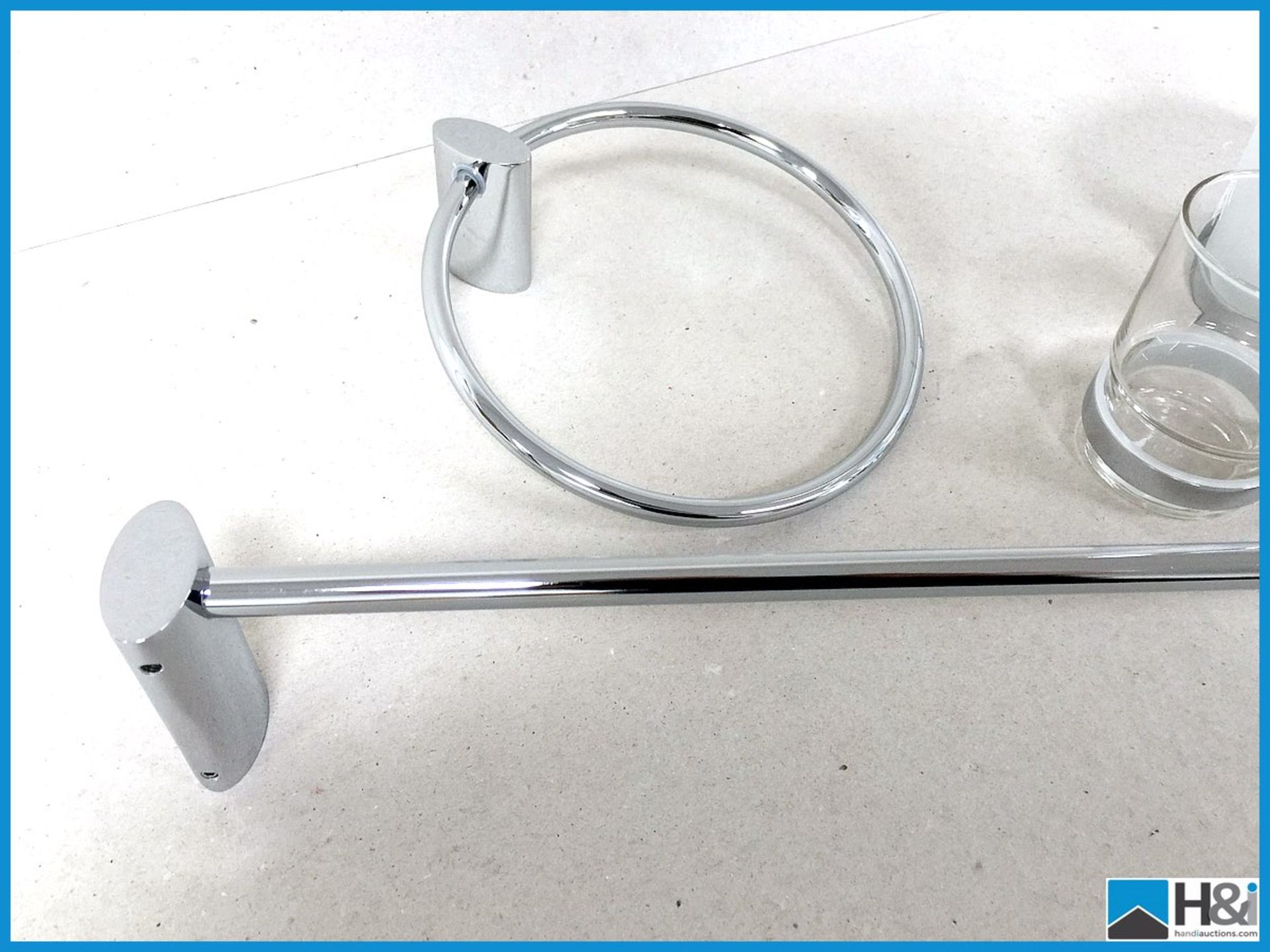 A Chrome minimalist bathroom accessory set comprising of towel rail side towel ring, glass tumbler - Image 2 of 4