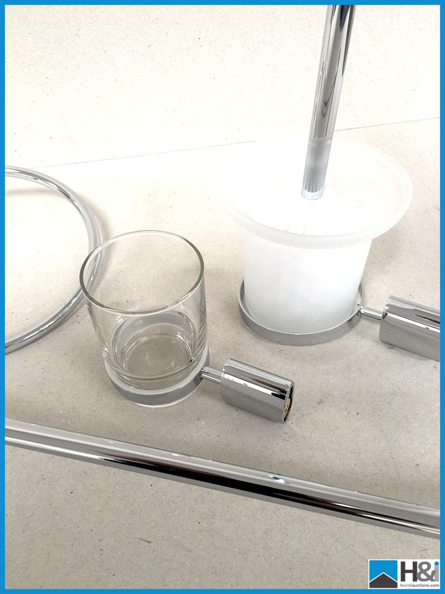 A Chrome minimalist bathroom accessory set comprising of towel rail side towel ring, glass tumbler - Image 3 of 4