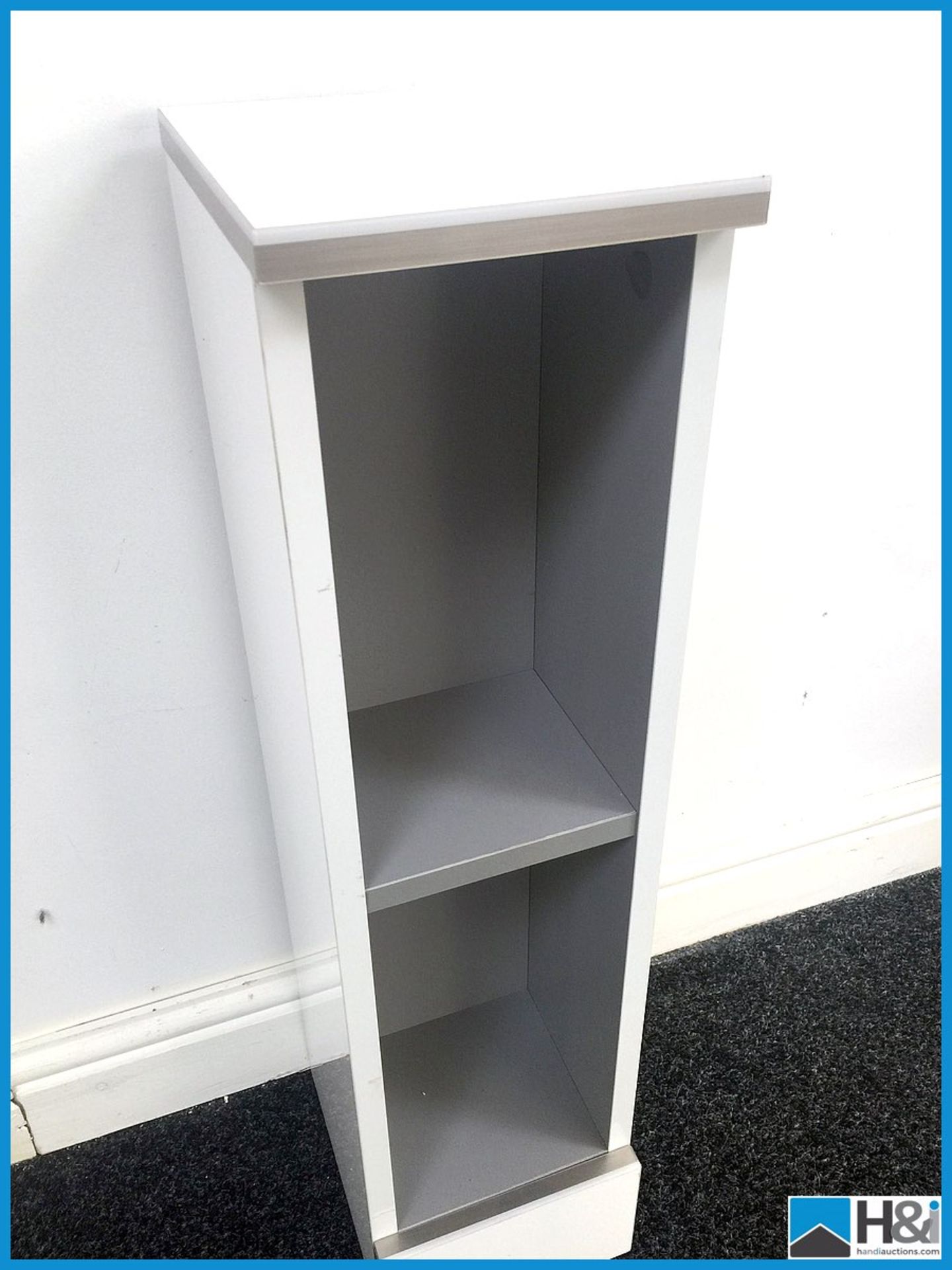 200mm wide bathroom storage unit in gloss white with silver grey trim matching previous lots brand