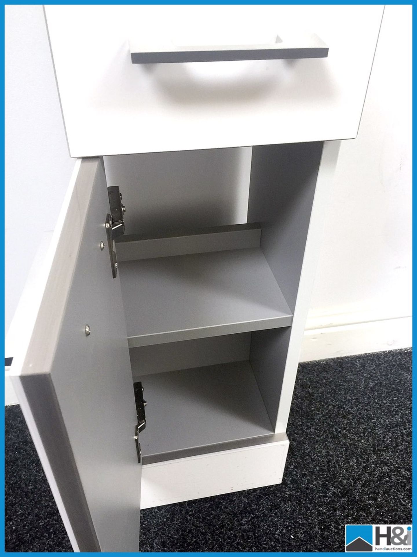 250mm wide drawer and storage bathroom unit in gloss white with grey silver trim matching previous 5 - Image 4 of 4