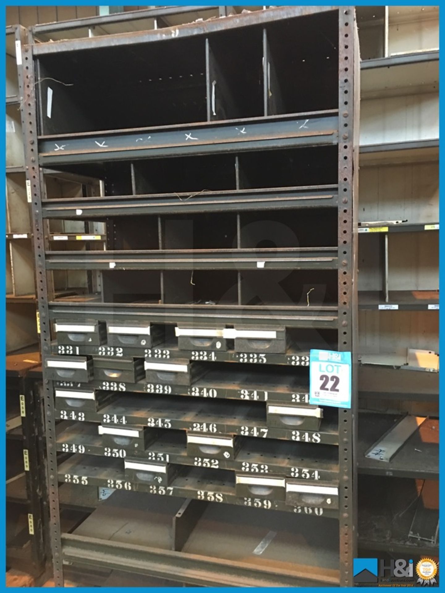 Large metal storage units with drawers and shelves. Very industrial appearance. Approx 7ft x 3ft x