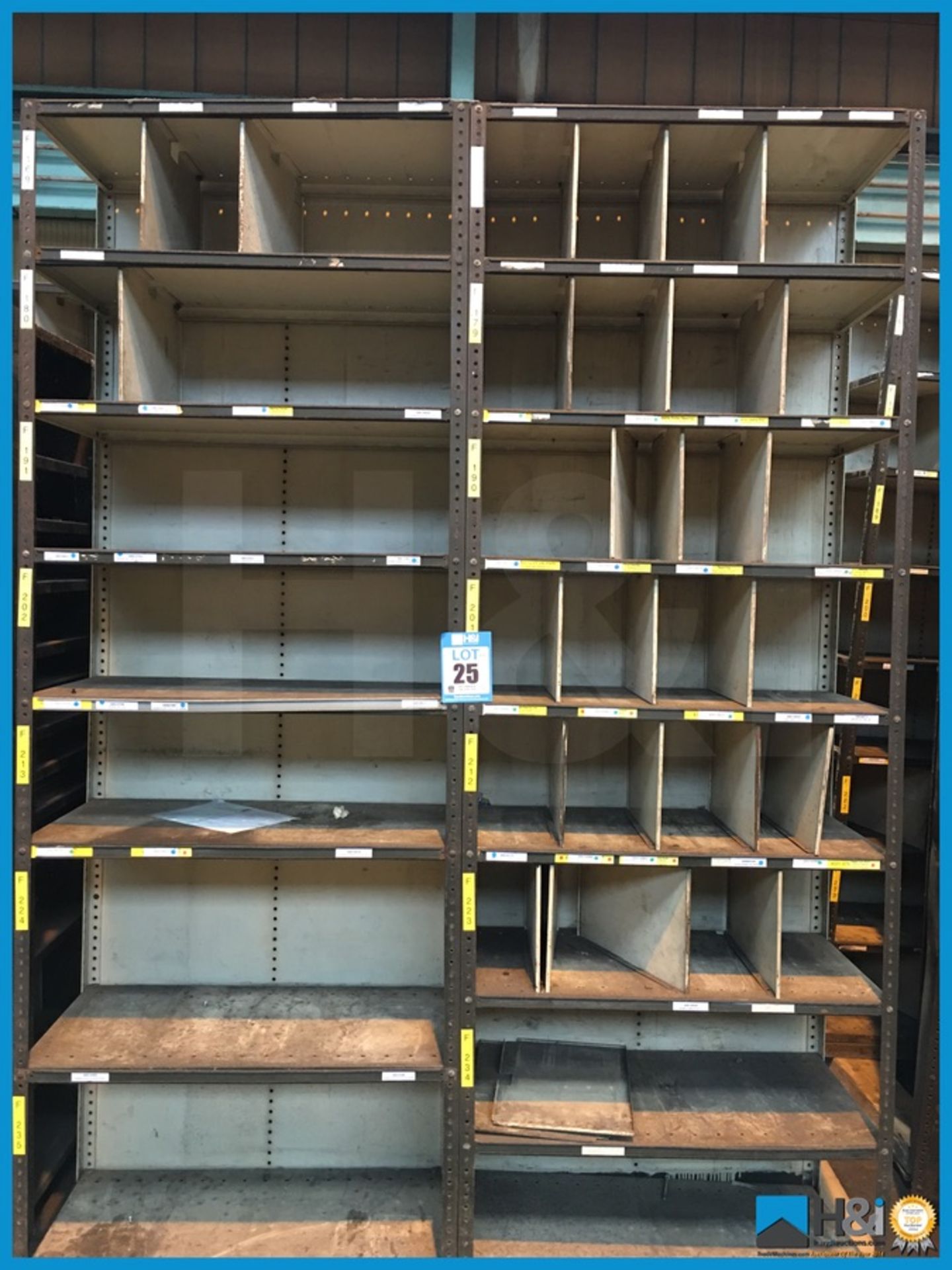 Large metal construction double faced pigeon hole and shelf assembly approx 6ft x 3ft x 9ft high