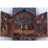 Triptyque en bois, Balkans XVII-XVIIIe s., figurant la Vierge avec un synaxis de saints au centre et