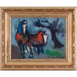 William Goliasch (1922-1986), Deux chevaux et cavalier, huile sur toile, signée, 26,5x34,5 cm