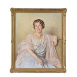 Artiste non-identifié (XXe s.), Portrait de dame à la robe bleue, huile sur toile, signée et