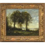 Camille Jean-Baptiste Corot (1796-1875), copie d'après, Paysage animé, huile sur toile, XIXe s.,