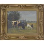 Julius Paul Junghanns (1876-1958), Paysan, vache et chèvres, huile sur panneau, signée, 31,5x41 cm