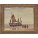 Artiste non-identifié (fin XIXe - début XXe s.), Barques sur la grève, huile sur toile, signée et