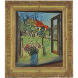 Ecole française (XXes.), Fenêtre sur la campagne, huile sur panneau, signée, 78,5x68,5 cm