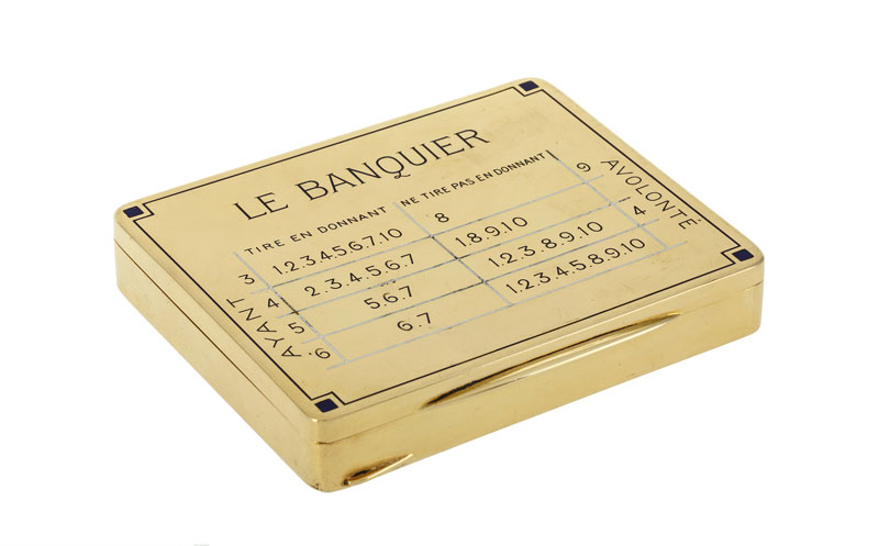 Boîte rectangulaire en or 750, circa 1920, le couvercle à décor de tableau de compte et marqué "