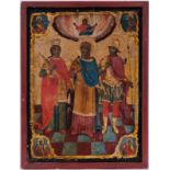Saints Hélène, Constantin et Agatha, icône polychrome sur panneau, Grèce XVIIIe s., représentant les