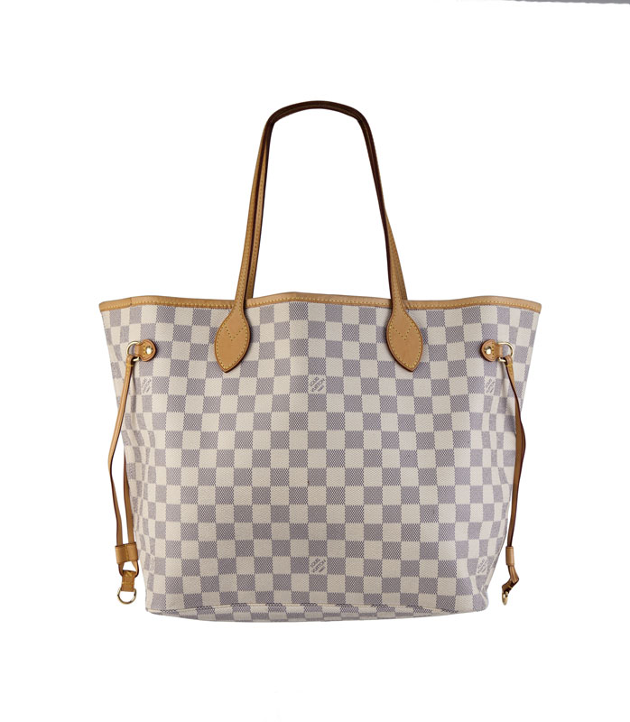 Louis Vuitton, sac Neverfull MM en toile enduite monogrammée damier azur et cuir naturel, housse,