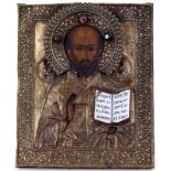 Saint Nicolas, icône polychrome sur panneau recouvert d'un oklad, Russie XIXe s., représentant le