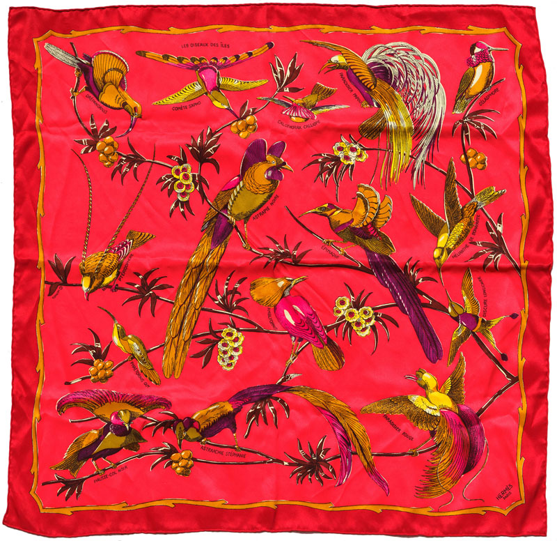 Hermès, carré en soie: "Les Oiseaux de Iles", fond rose, 70x70 cm