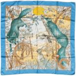 Hermès, carré en soie: "Chasse au Bois", fond bleu ciel, 90x90 cm