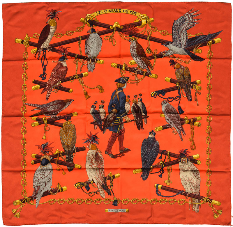 Hermès, carré en soie: "Les oiseaux du Roy", fond orange, 90x90 cm