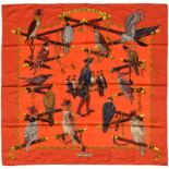 Hermès, carré en soie: "Les oiseaux du Roy", fond orange, 90x90 cm