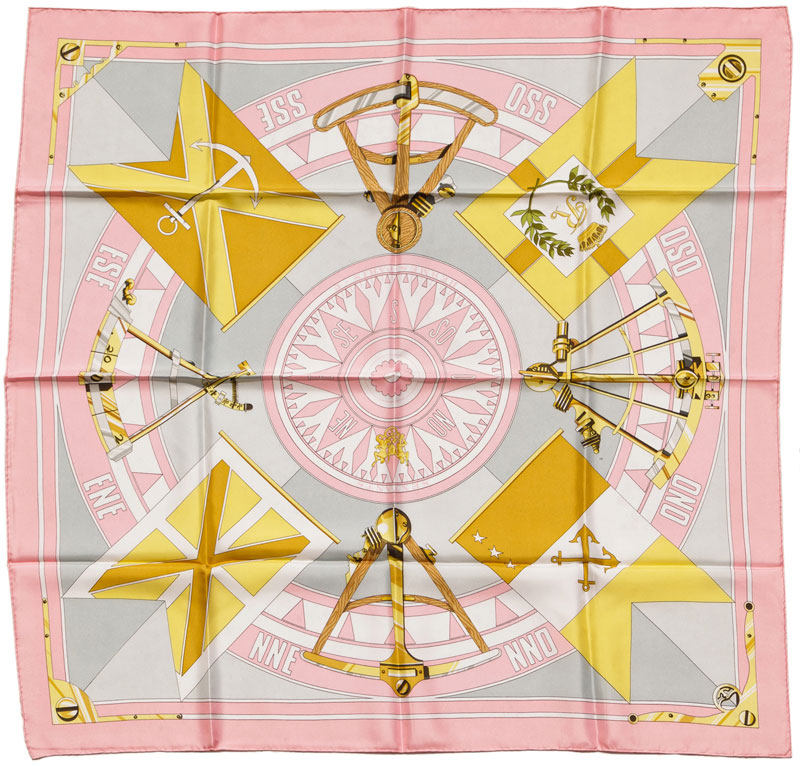 Hermès, carré en soie: "Boussole", bord rose, 90x90 cm