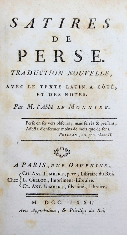 MONNIER (Abbé de). Satires de Perse. Paris, Jombert père et fils, Cellot, 1771. In-8°, veau blond, - Image 2 of 2