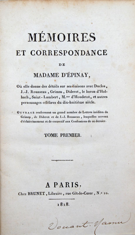 [ÉPINAY (Madame de)]. Mémoires et correspondance. Paris, Brunet, 1818. 3 vol. in-8°, demi-basane, - Image 2 of 2