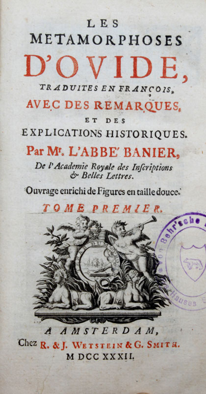 BANIER (Abbé). Métamorphoses d'Ovide. Amsterdam , R.&J. Wetstein & G. Smith, 1732. In-8° relié plein - Image 2 of 3