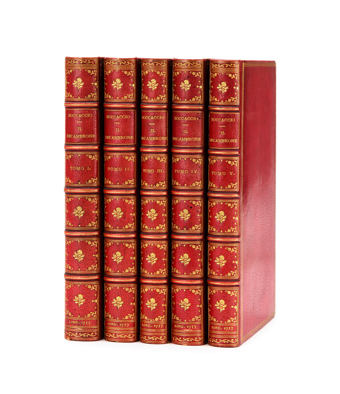 BOCCACE (BOCCACCIO Giovanni). Il Decamerone. Londra [Paris] [Prault] 1757. 5 vol. in-8° reliés plein