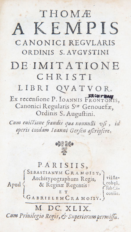 THOMAS VON KEMPEN (Thomae a Kempis). De imitatione Christi Libri Quatuor. Paris Sebastien et Gabriel - Image 3 of 3